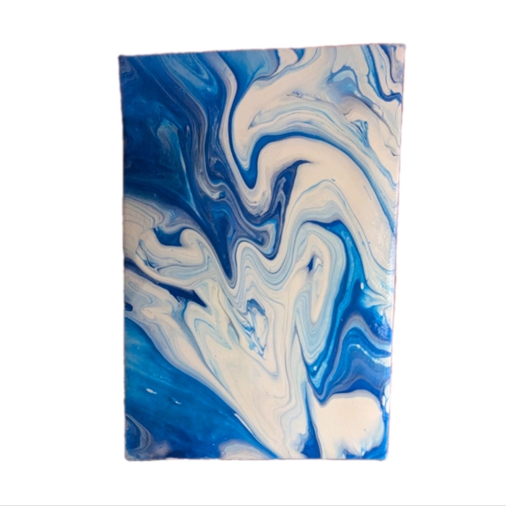 Abstract Fluid Pour Painting Blue White 4 X 6 Canvas Home Decor Art Original